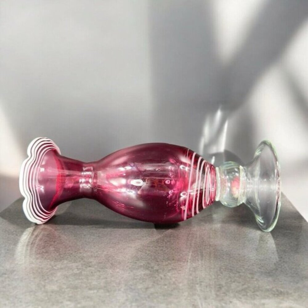 Tall Art Glass Vase Cranberry With White Lines Ruffled‎ Top Clear Bottom Glass